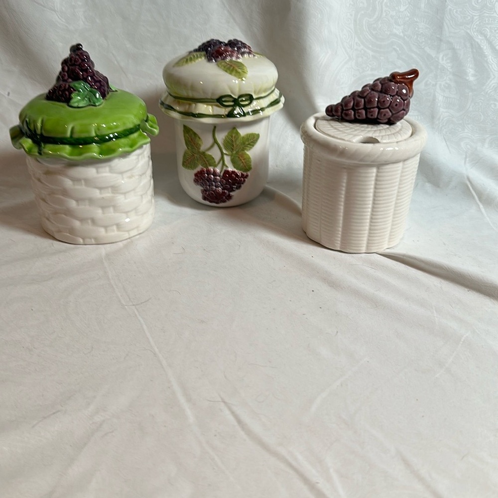 Vintage Lefton Josef Jam Honey Pots set of 3 Ceramic Jars with Grape Design